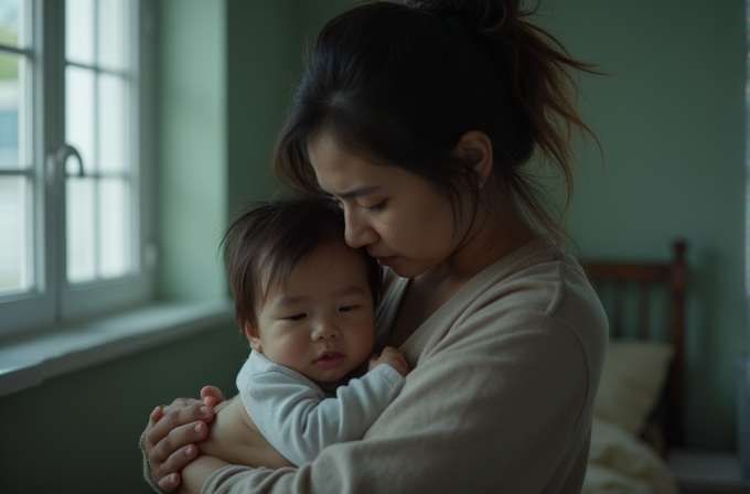 A person lovingly holds a baby in a calm room.