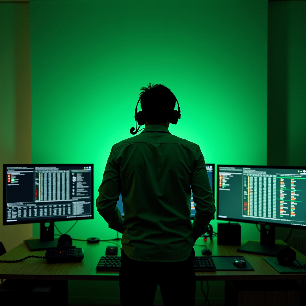 A person with a headset is silhouetted against a green-lit wall, standing in front of multiple computer screens displaying code and data.