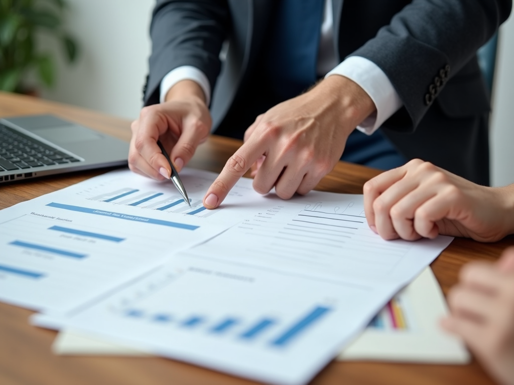 A close-up of two professionals reviewing graphs and data charts during a business meeting.