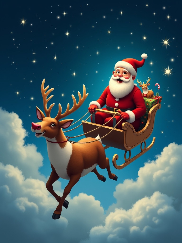 Santa Claus rides a sleigh in a starry night sky. He is on a reindeer flying above fluffy clouds. The image captures the spirit of Christmas magic. It shows Santa in a red suit filled with holiday joy. The background features twinkling stars. The scene is warm and festive.