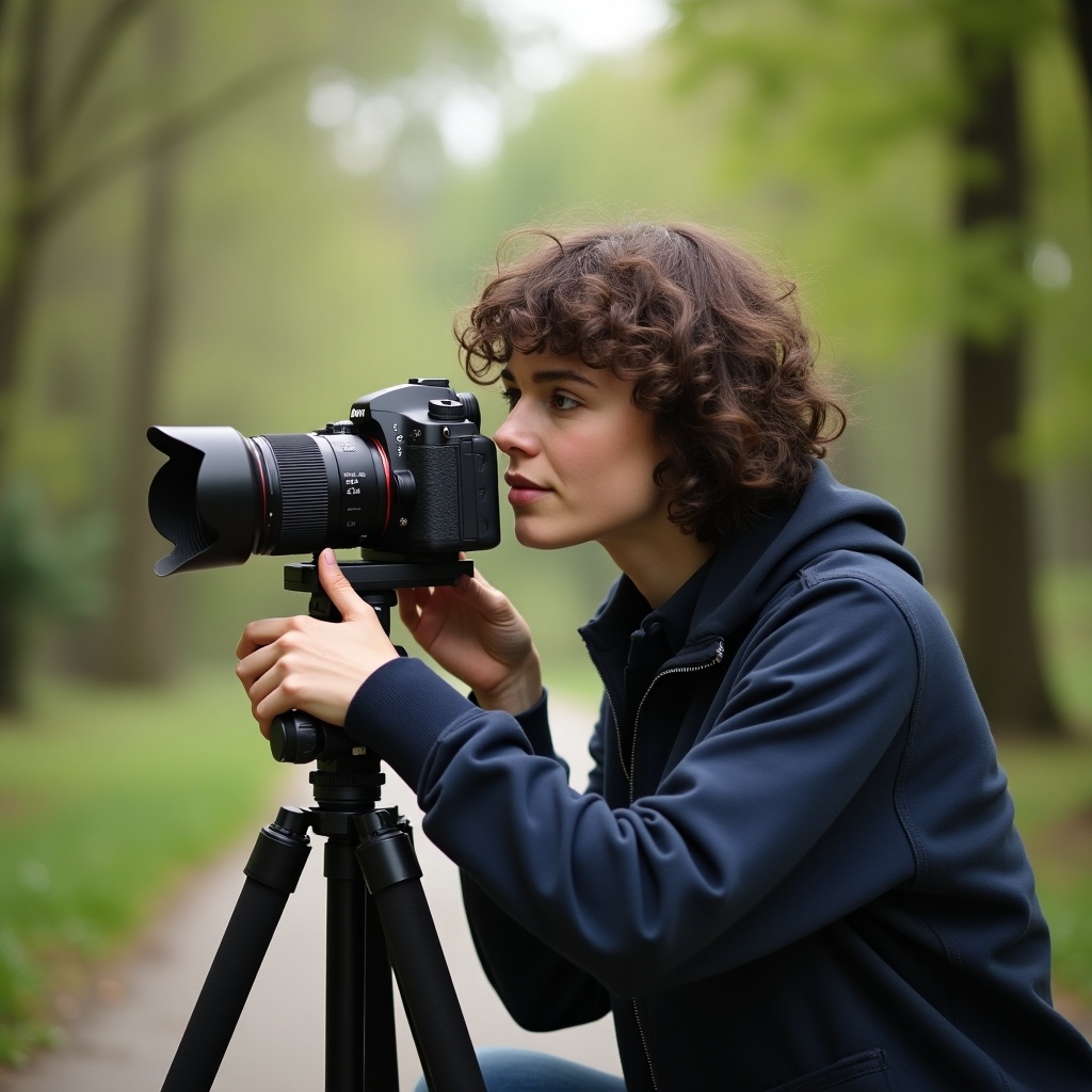 A young person is adjusting a camera mounted on a tripod in a beautiful natural setting. The scene is serene, surrounded by lush green trees and soft paths. The person has curly hair and is wearing casual clothing, focused on capturing the perfect shot. Natural light gently illuminates the surroundings, creating a peaceful atmosphere. It's an inspiring moment that showcases a passion for photography and nature.