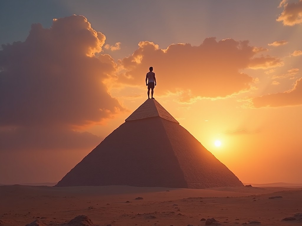 A person standing on top of a pyramid at sunset, surrounded by a dramatic sky with clouds and a visible sun in the background.