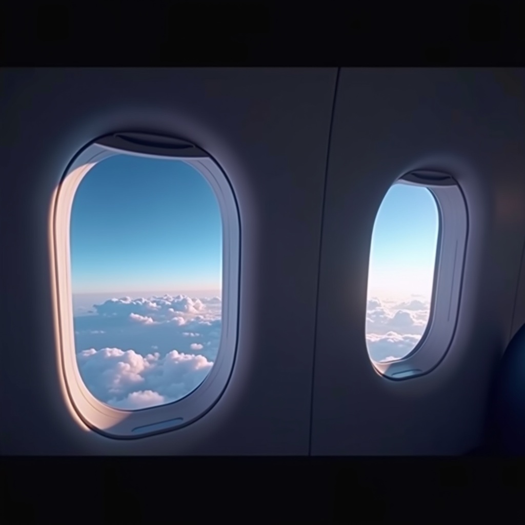 3D rendering of windows in an Etihad Airways business class cabin. Bright clouds visible outside the windows. Dark ambience inside the cabin at night.