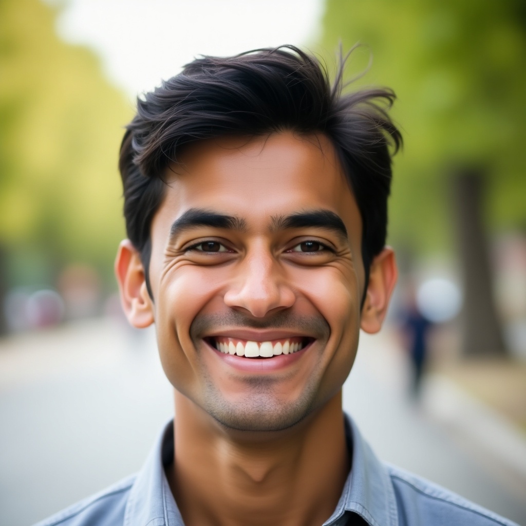 This image features a smiling man standing outdoors, with a lush green background. His black hair is styled casually, and he is wearing a light gray shirt. The atmosphere exudes happiness and warmth, captured in natural lighting. The background consists of blurred trees and a path, emphasizing the subject. The man’s wide smile suggests friendliness and approachability, making it an engaging portrait for various uses.