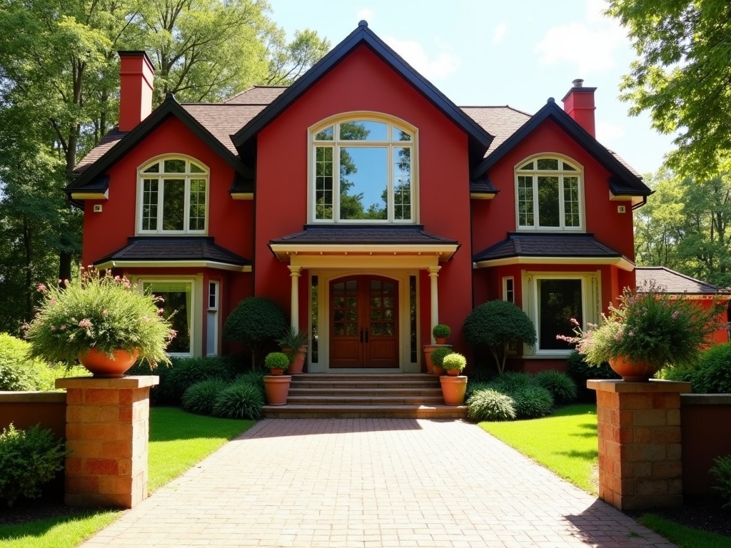 This image showcases an elegant house with red walls and large windows. The entrance is framed by stylish architecture and adorned with potted plants on both sides. Lush greenery surrounds the building, adding to its charm. The atmosphere is bright, suggesting a sunny day, with sunlight reflecting off the windows. The driveway leads up to the grand entrance, enhancing the inviting nature of the home.