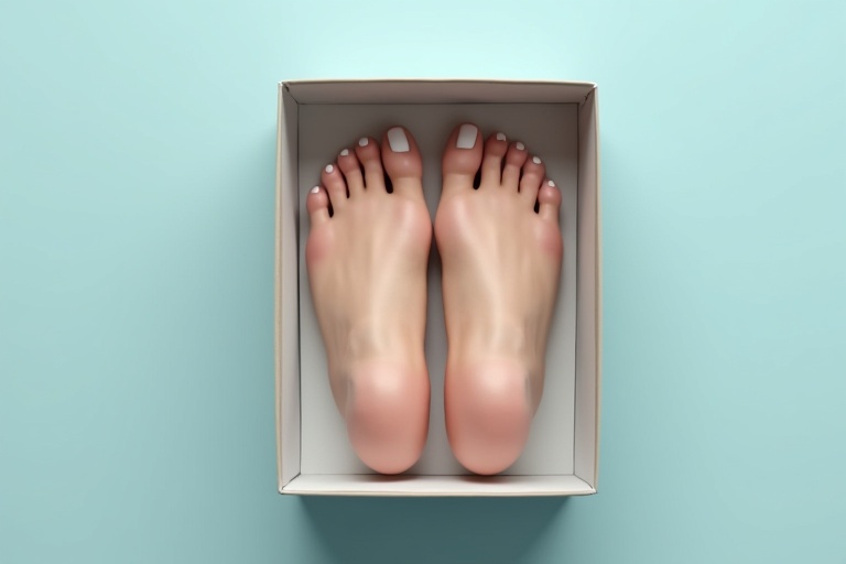 A pair of realistic female feet inside a neatly placed box. The feet are well-groomed. The background is a soft pastel blue.