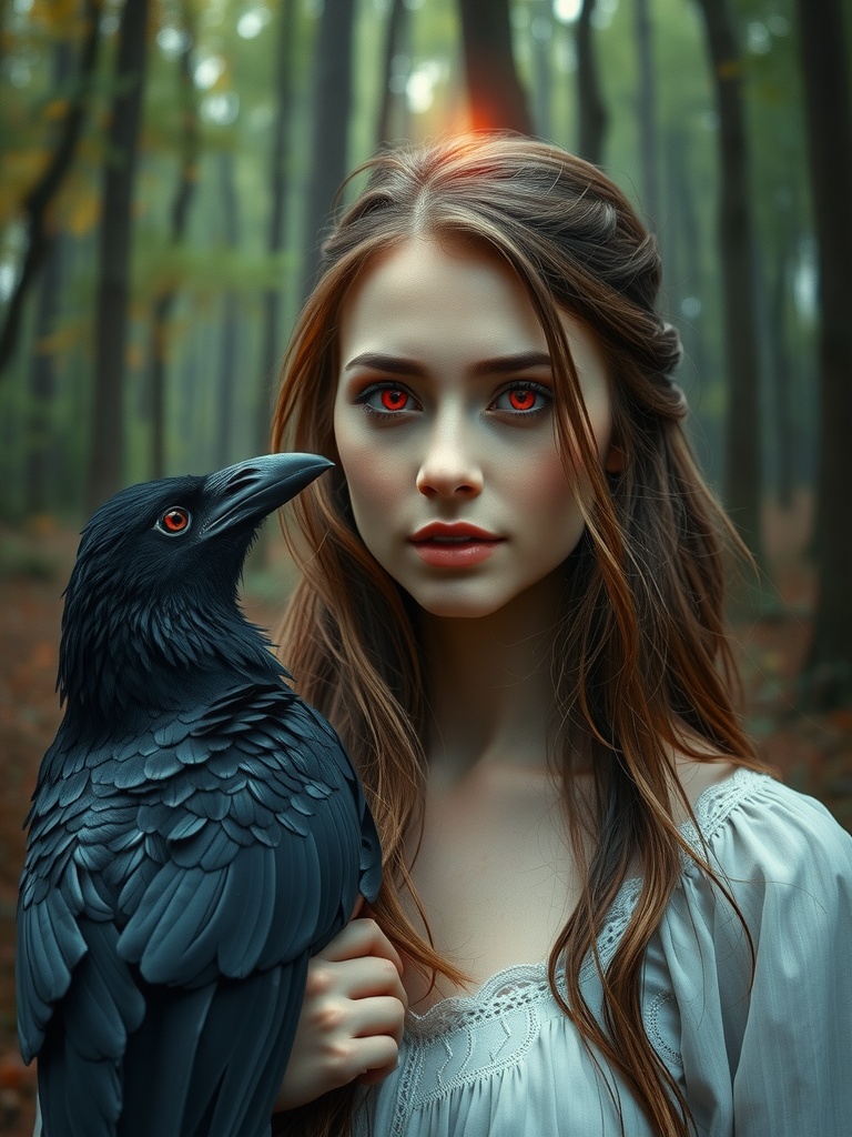 In a misty, autumnal forest, a young woman with glowing red eyes holds a raven close to her face. The atmosphere is mystical and otherworldly, enhanced by a subtle, warm light giving her an ethereal aura. The background features blurred trees, adding depth and a sense of enchantment to the scene.