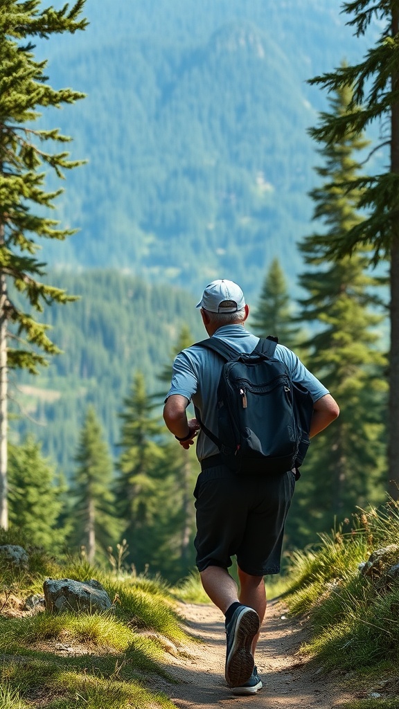 A person hiking down a forest trail, surrounded by trees with distant mountains in the background