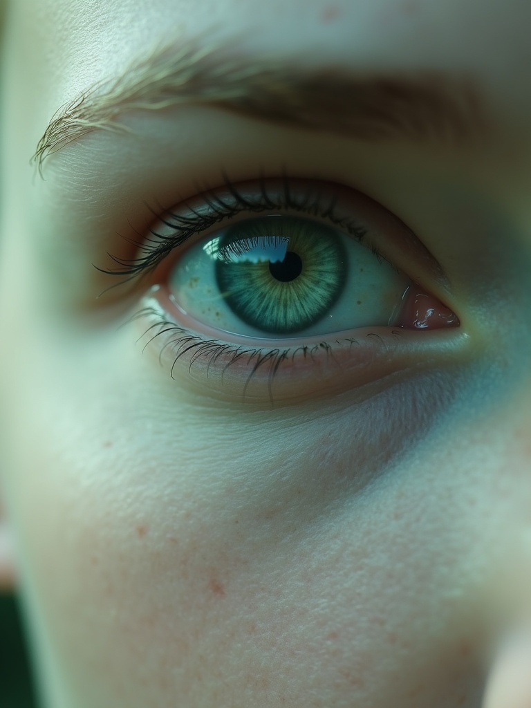 Close-up image of a pale-skinned human eye. The eye features light green color with misty appearance. No visible pupil is observed. The skin surrounding the eye is smooth and has a soft texture.