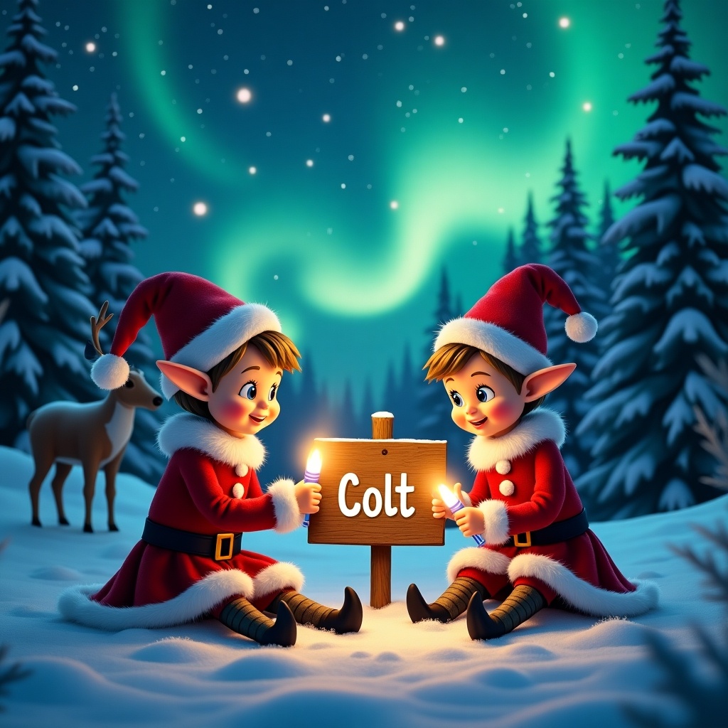 The image features two traditional elves sitting in a snowy forest. They are using glowstick wands to write a name on a wooden sign. The name displayed is 'Colt.' The night sky is filled with stars and northern lights. The elves wear festive outfits, and there are snow-covered trees and a reindeer in the background.