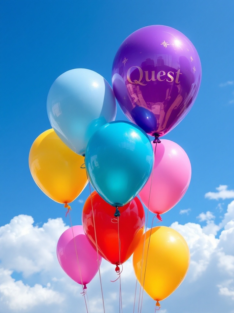 A cluster of vibrant balloons floats against a clear blue sky. Some balloons are bright purple while others are yellow, pink, blue, and red. A purple balloon has the word 'Quest' written in gold. Fluffy white clouds dot the background.