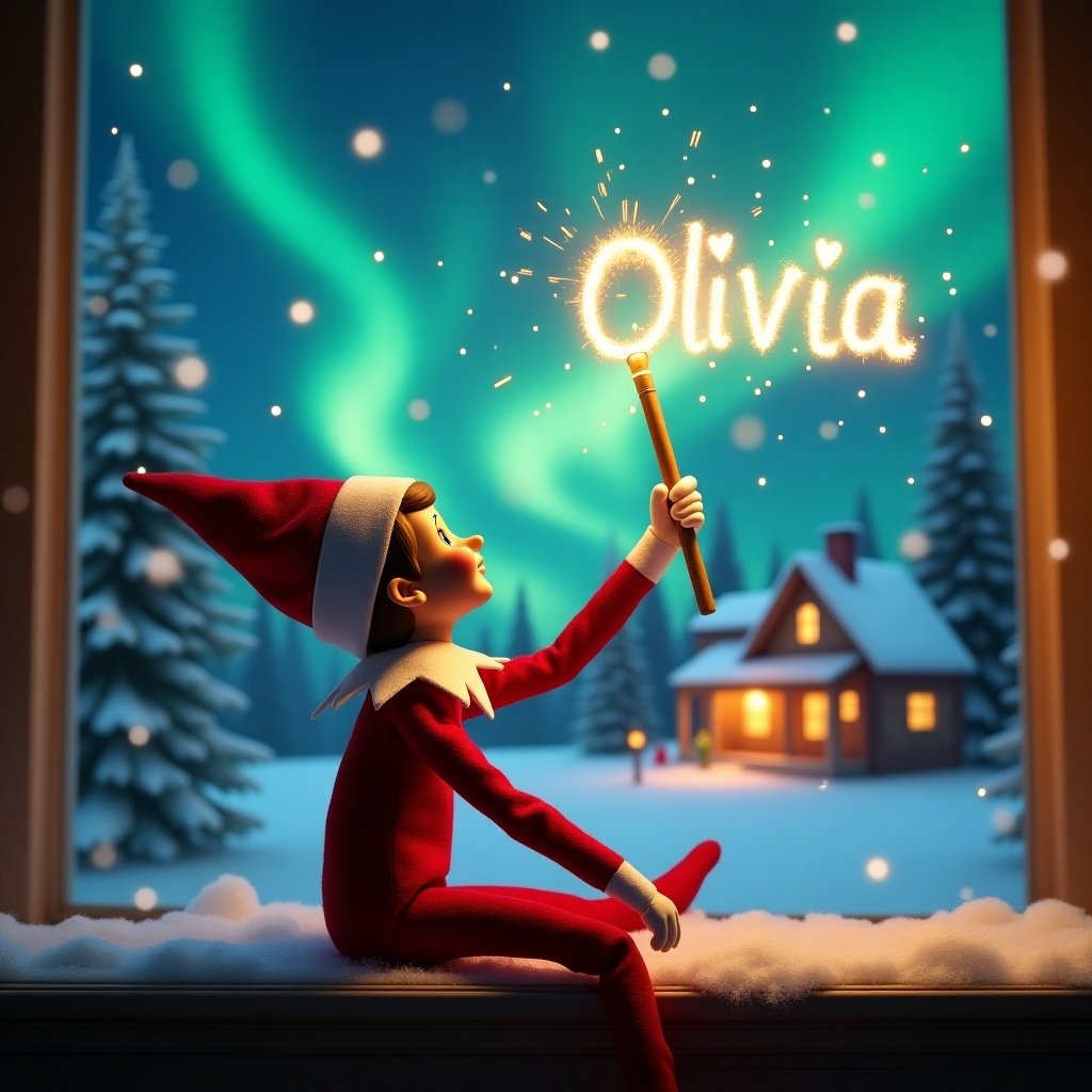 Elf on the shelf gazes skyward. It holds a glowing wand. Background shows a Christmas scene with northern lights. A cozy house in the distance. Snow covers the ground. The elf embodies magic and wonder. Name Olivia written in the air.