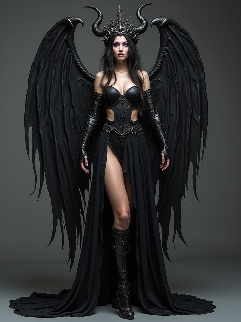 A demon goddess wears a black crown. The goddess has purple eyes. The left arm is black prosthetic. The left leg is also black prosthetic. High stiletto heels are worn.