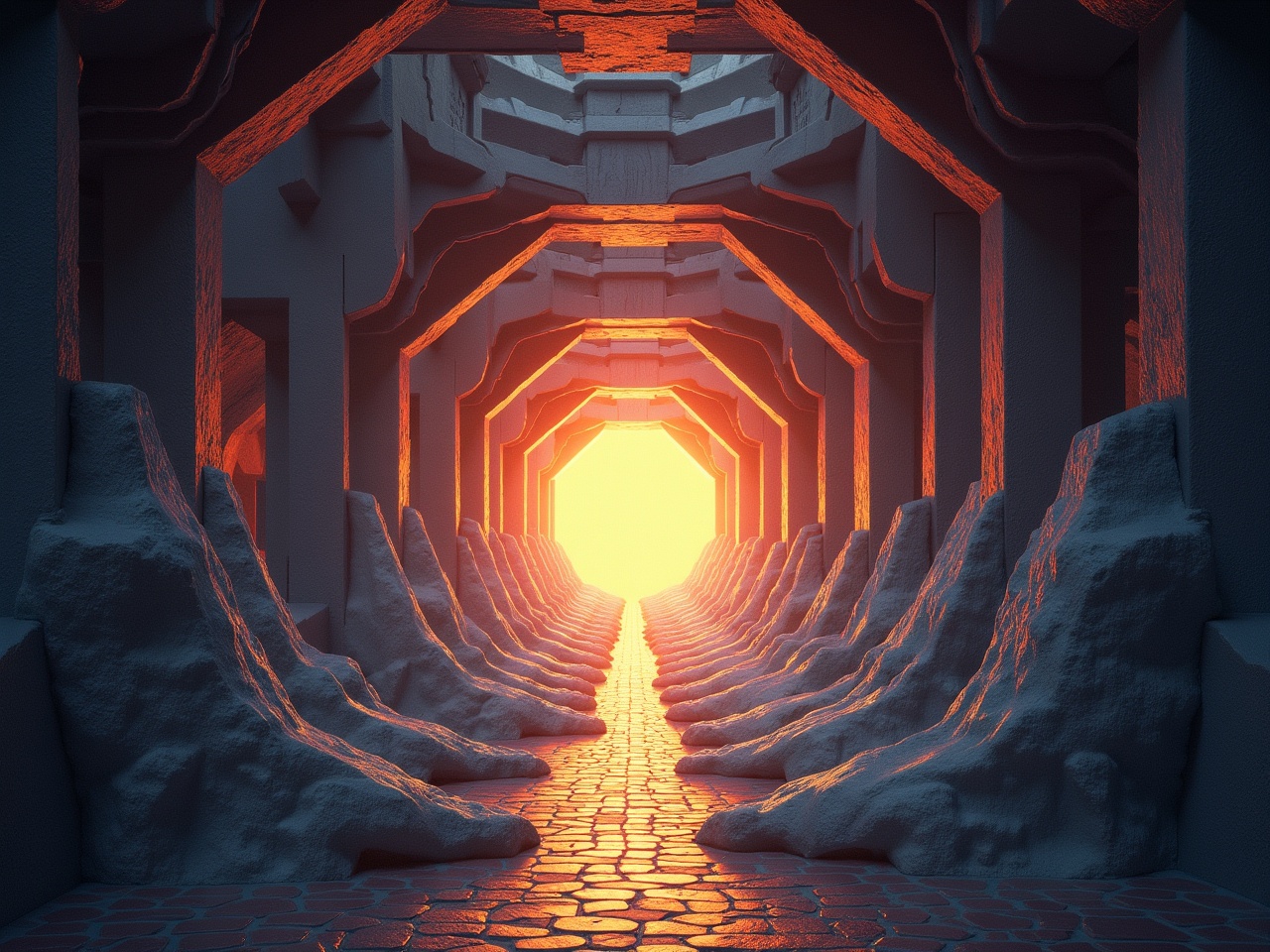 The image depicts a futuristic corridor illuminated by a warm orange light at the end. The walls of the corridor are stylized with abstract shapes, resembling a blend of natural and architectural elements. The ground is paved with a textured surface that enhances the depth. The corridor appears to stretch infinitely into the distance. The overall atmosphere is mysterious and intriguing, inviting viewers to imagine what lies beyond the glowing light.