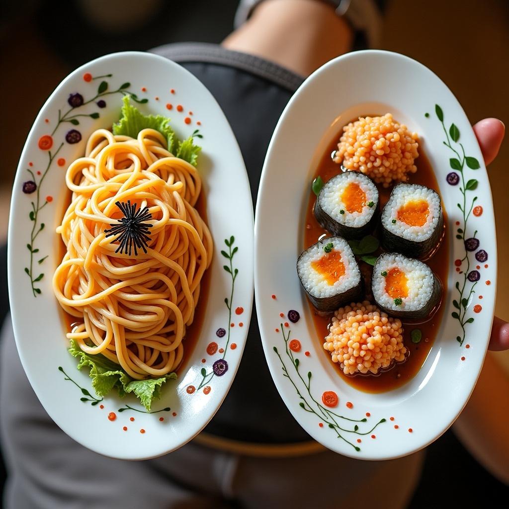 Create a dish featuring noodles and sushi served on the same plates. Present each dish distinctively, showcasing vibrant ingredients and careful arrangement.