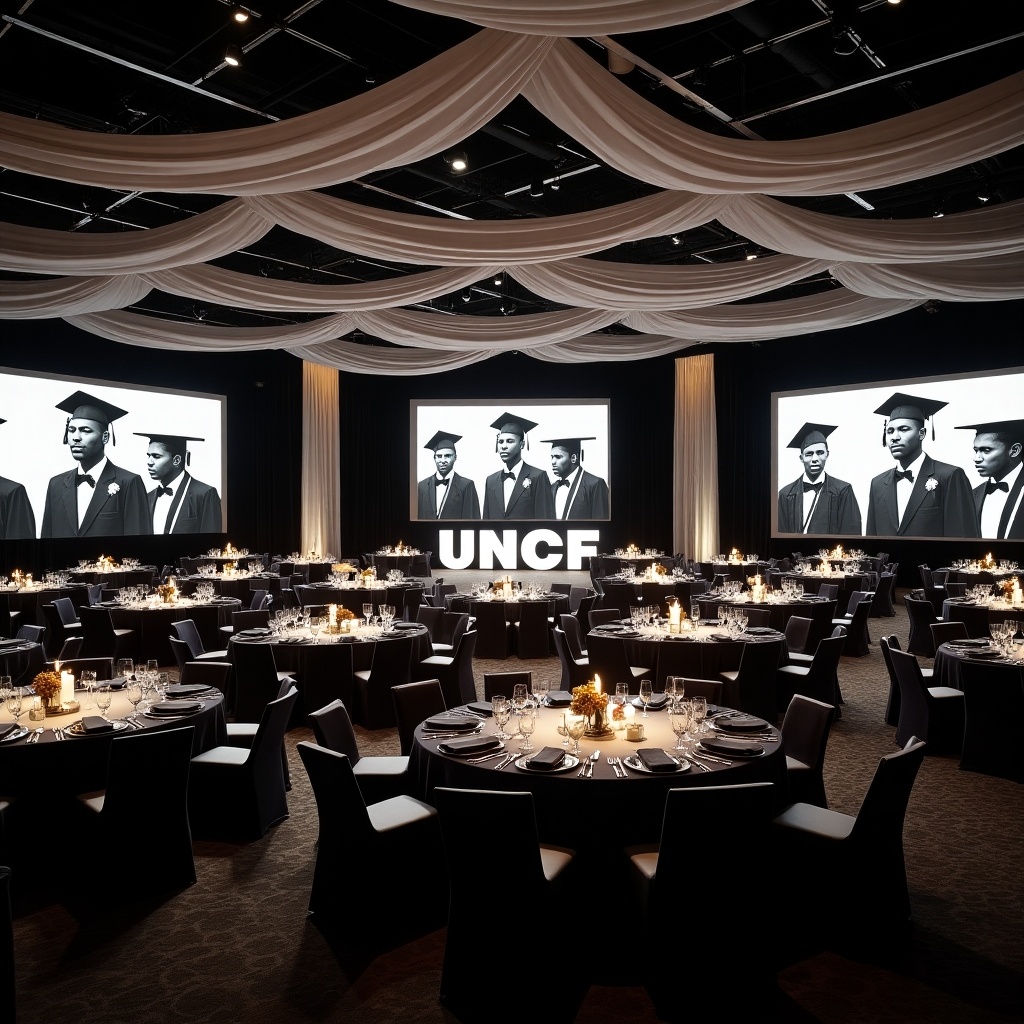 This image showcases a grand banquet room set for a formal event. The room features black and white drapes that elegantly drape from the ceiling. Prominently displayed are black and white photos of African American graduates on large screens. In the center of the room, there are round tables dressed in black cloth, each set with fine dining utensils. A striking 'UNCF' is illuminated in light-up letters at the forefront, emphasizing the event's purpose. The ambiance is warm and inviting, ideal for a celebration of achievements.