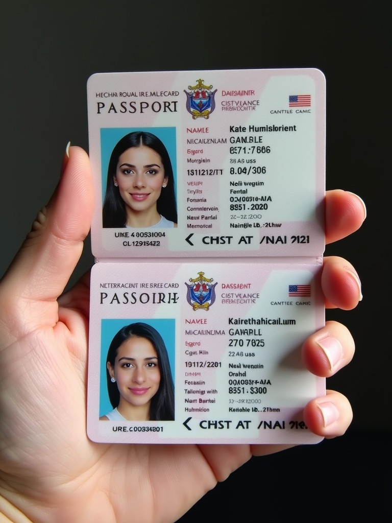 A hand is showing two passport ID cards in a close-up view. The cards display personal details, including a name and date of birth. The background is softly lit.