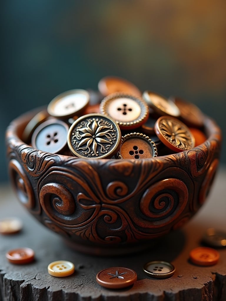 Intricate carved zebra wood bowl with dark pattern. Bowl filled with detailed miniature buttons. Background transitions from blue to golden hues. Realistic buttons made of mother-of-pearl and antique horn. Display of textural details. Aesthetic reminiscent of Simon Stalenhag and Ash Thorp. Cinematic and enchanting mood. Unreal Engine 5 quality.