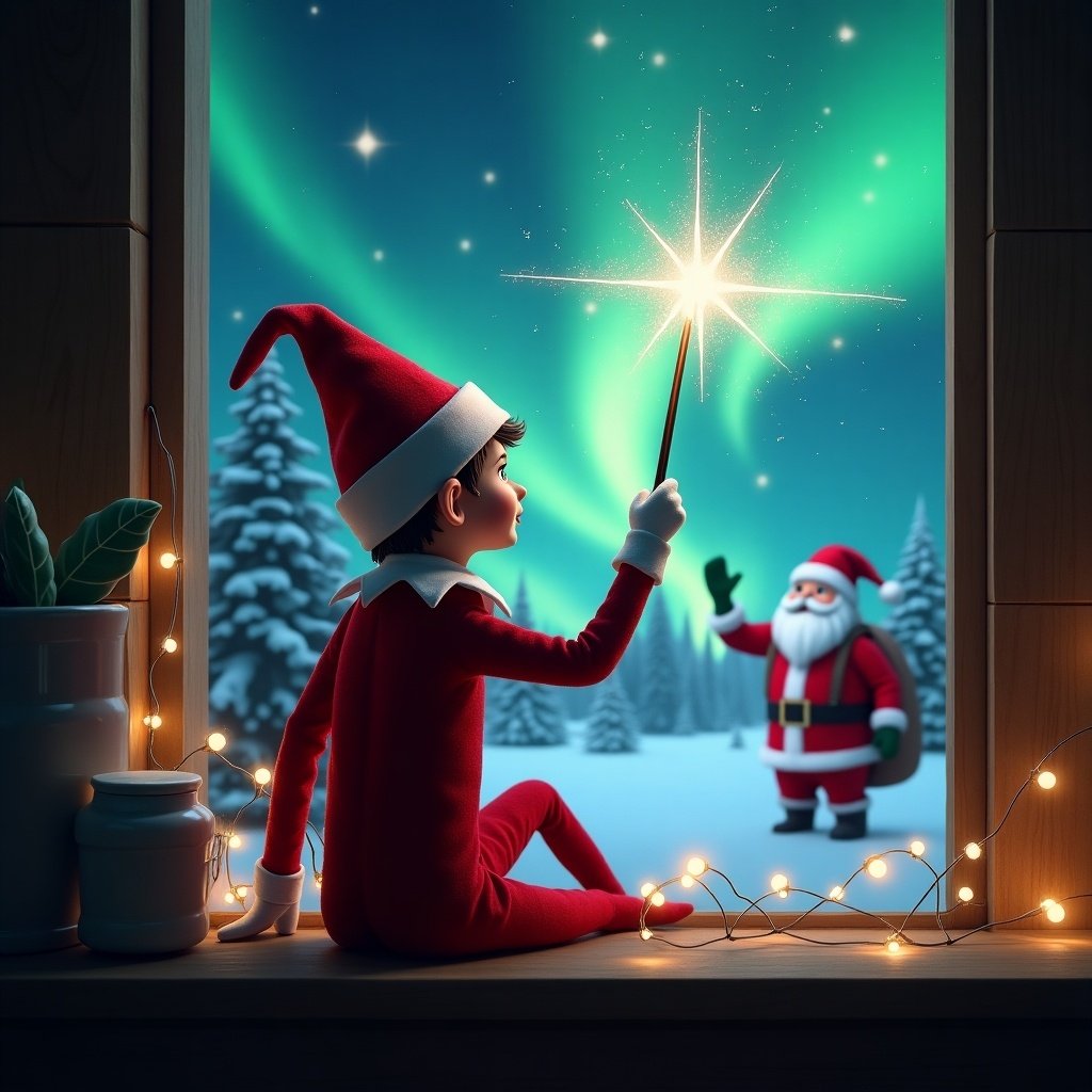 A red elf facing the sky with a wand. The elf is writing letters in the sky. Sparkling effect. Background shows northern lights and Santa Claus. Magical Christmas theme.