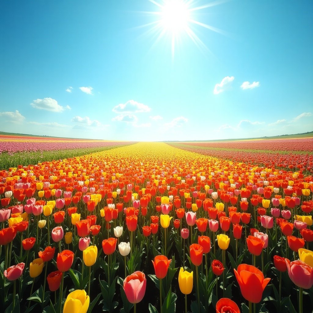 Wide view of a colorful flower field features various flowers under clear blue sky. Sunlight bathes the field creating a vibrant scene. The field has wavy patterns showcasing rows of blooming flowers.