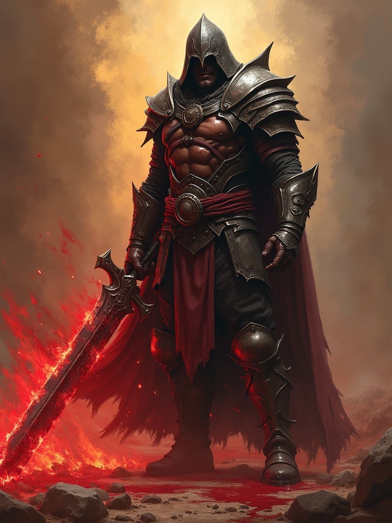 A muscular warrior with a flaming sword stands menacingly. The warrior has a powerful presence. Blood is visible on the sword. The scene is dramatic and intense.