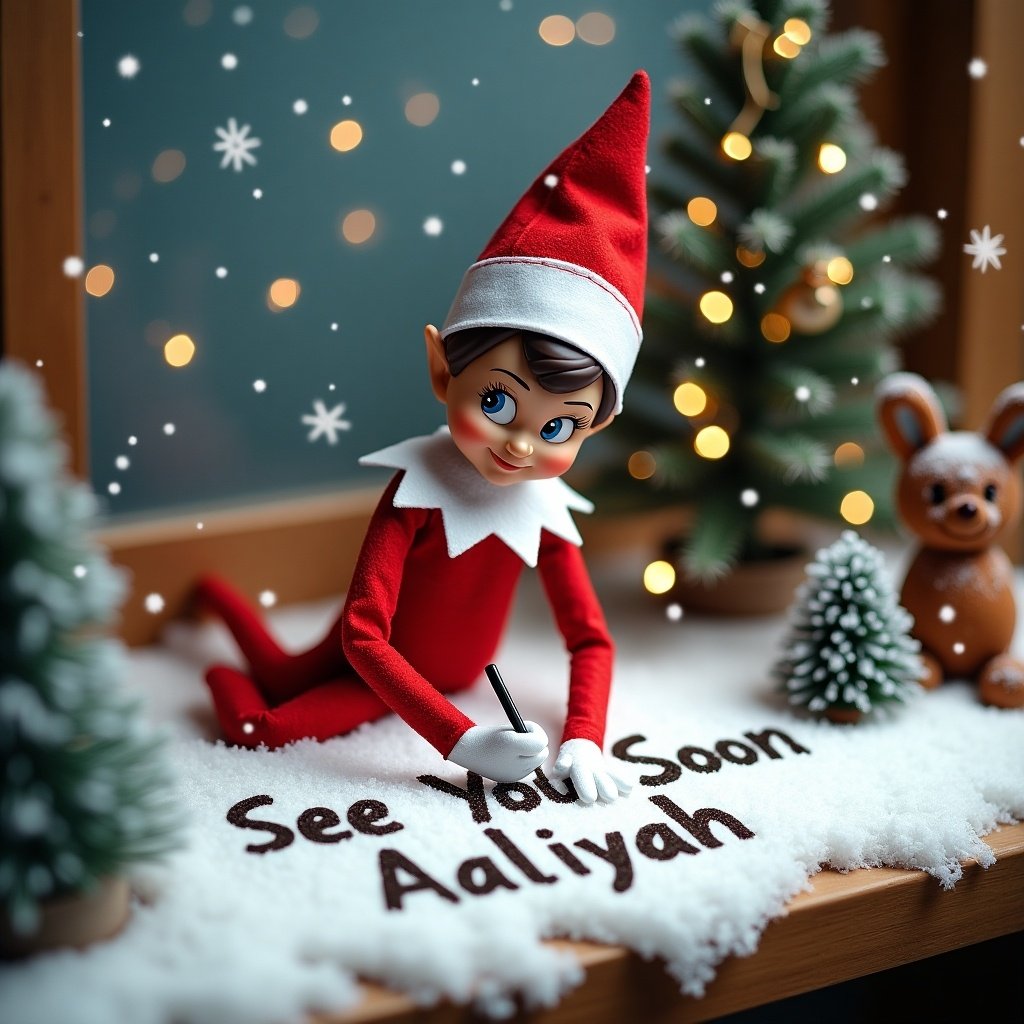 An Elf on the Shelf character is cheerfully writing 'See You Soon Aaliyah' in the snow. The elf is dressed in a red and white outfit with a matching hat, sitting on a wooden ledge. Around the elf, there are small pine trees and a cute reindeer figurine. Soft, twinkling lights illuminate the scene, enhancing the festive atmosphere. Snowflakes gently fall, adding to the winter wonderland feel. This charming setup evokes feelings of excitement and holiday spirit.