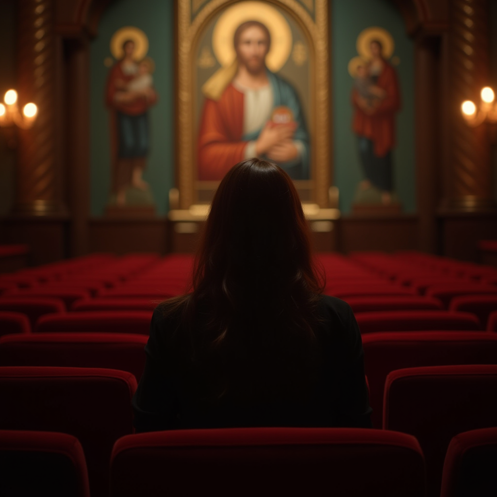 A person sits alone on red church pews, gazing at religious icons on the wall.