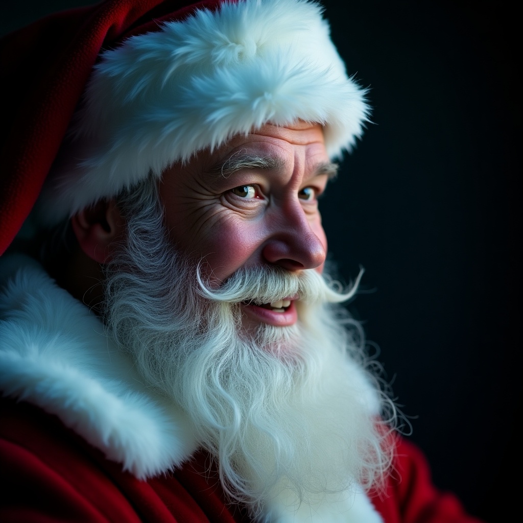 Photo-realistic close-up picture of Santa Claus at a 3/4 profile, smiling, photographed from a low angle. Eyes are looking at the camera. Lighting is cool and dramatic from the left. Dark background.