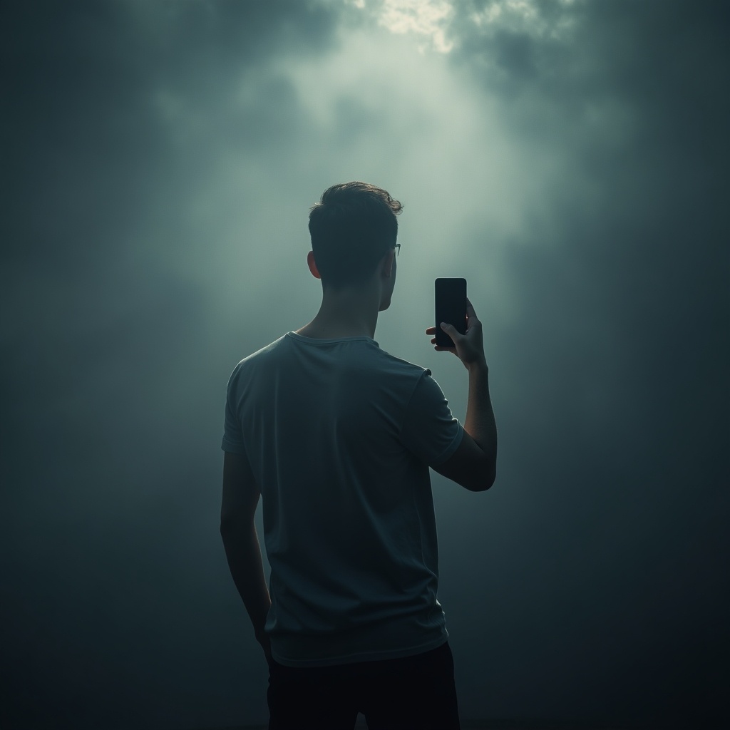 A person stands in a dark environment. Clouds surround the scene. Individual holds a phone, silhouetted against light.