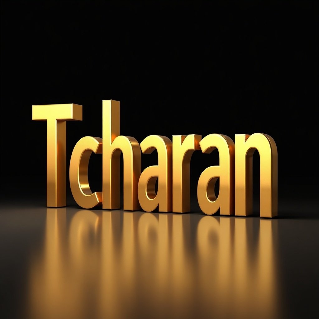 Gold 3D letters create the word Tcharan. The letters are shiny and reflect light. A dark background enhances the gold color.