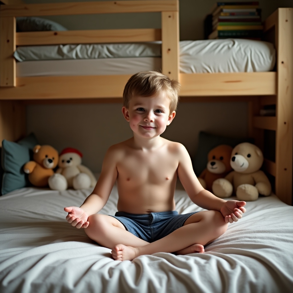 A shirtless child is sitting cross-legged on a bed in a cozy bedroom setting. He wears simple shorts and has a playful expression on his face. The room features a bunk bed in the background with soft lighting. Surrounding him are several stuffed animals, adding to the warm ambiance. This serene scene captures childhood innocence and tranquility.