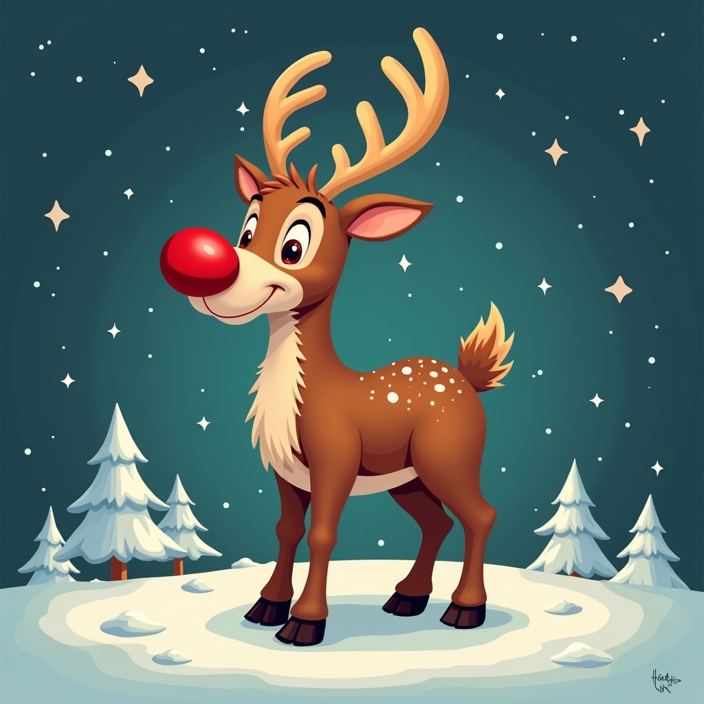 This image features a cheerful cartoon reindeer, inspired by Rudolph the Red-Nosed Reindeer. The reindeer stands confidently on a snowy landscape, with bright stars twinkling in the background. Its prominent red nose and playful expression make it inviting for viewers, especially children. Fluffy white Christmas trees surround the reindeer, adding to the winter wonderland atmosphere. The colors are vibrant and festive, perfect for holiday cheer.