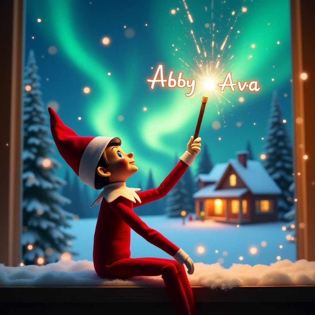 Elf on shelf gazes skyward. Holds glowing wand that sparkles. Background features colorful northern lights. Cozy decorated house in distance. Snowy winter scene. Playful elf embodies Christmas spirit. Name 'Abby and Ava' written in air with wand.