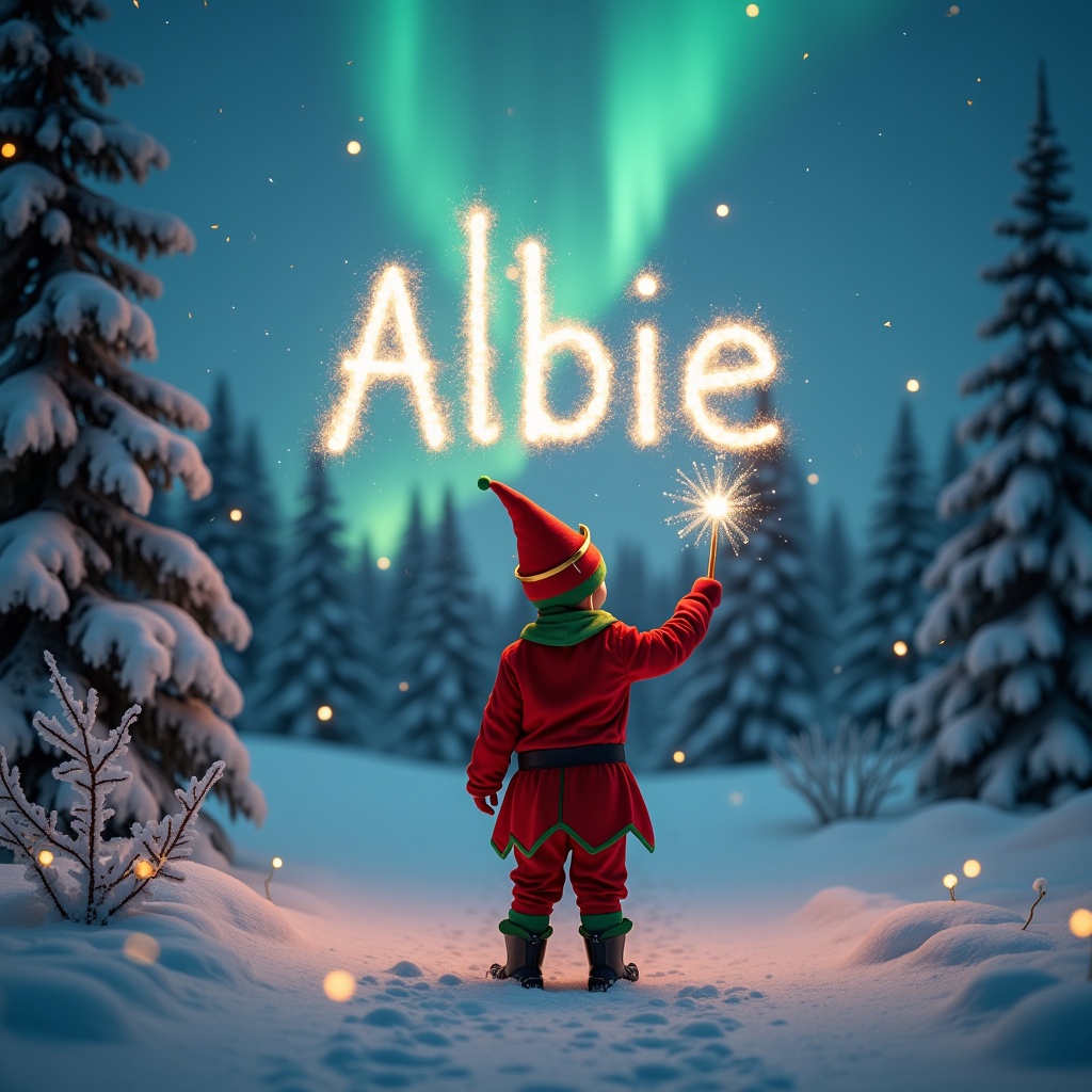 In a snowy landscape, a child in an elf costume stands with their back to the viewer. They hold a wand, spelling out the name 'Albie' in sparkling letters. The northern lights shimmer above, casting beautiful colors in the sky. The scene is filled with gentle twinkling lights, enhancing the magical vibe. Trees covered in snow create a picturesque winter wonderland. This imagery captures the joyful essence of the holiday season wonderfully.