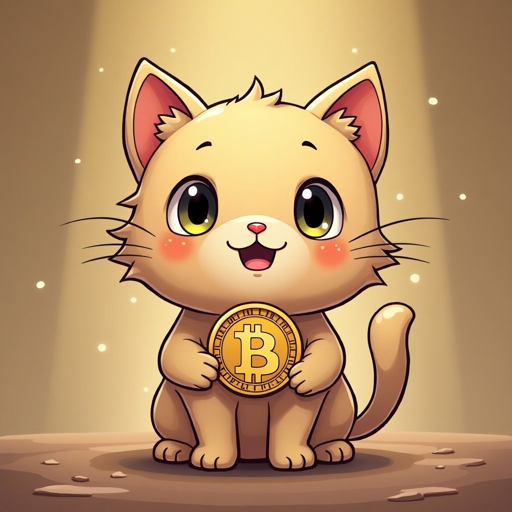 Cartoon style kitten holds a bitcoin coin. Kitten has big eyes and a happy expression. The background has a soft glow with a spotlight effect.