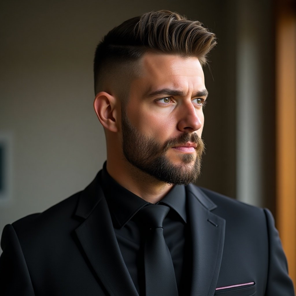 A man with a fresh haircut and well-trimmed beard. He is wearing a black suit and tie. The man is looking to the right side with a serious expression. Soft natural light illuminates the profile view.