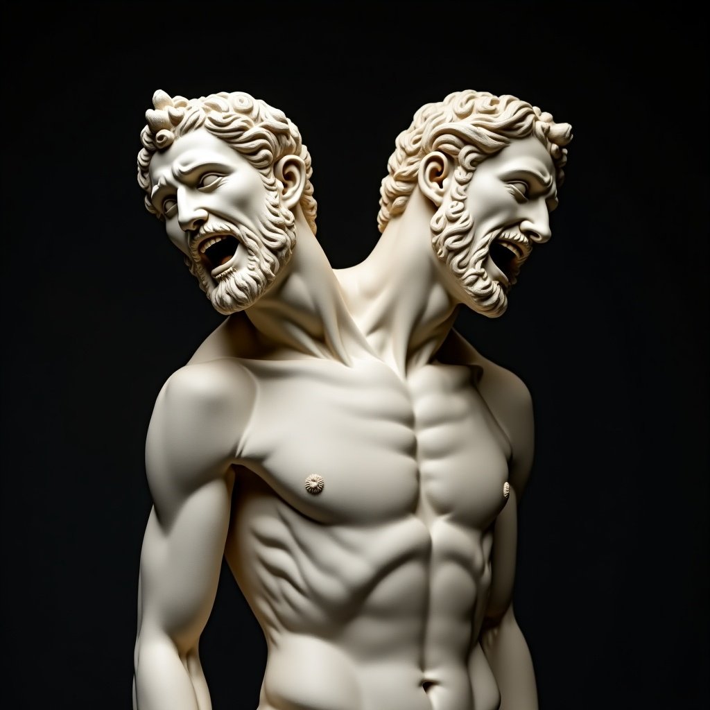 A marble statue with two heads on one body. One head is screaming and the other is happy. The background is dark, highlighting the statue's features.