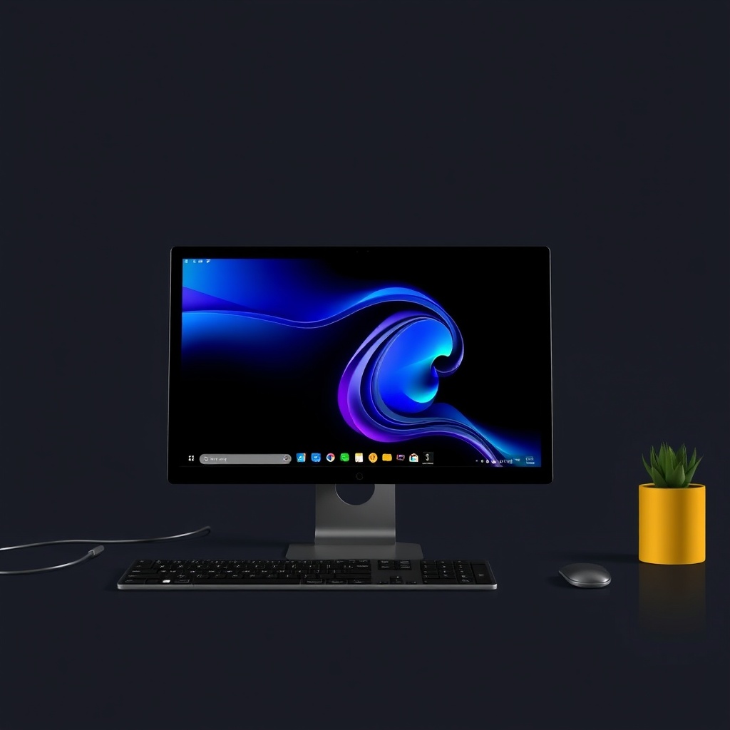 A modern desktop setup featuring a sleek computer monitor, keyboard, and a small yellow pot with a green plant.