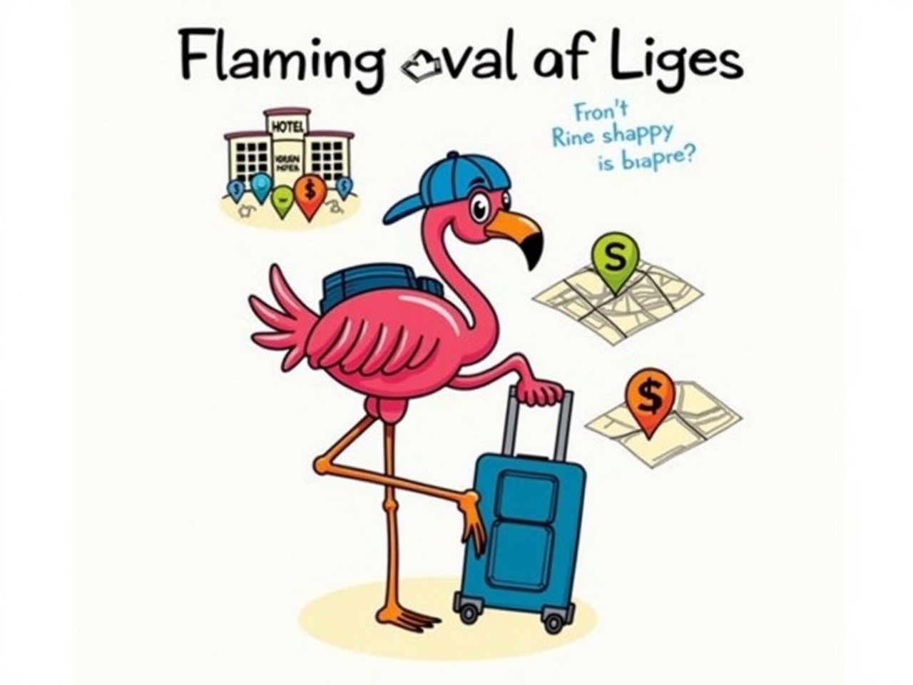 The image features a cartoon flamingo dressed for travel. The flamingo is holding a suitcase with a handle and wears a blue cap. Its body is bright pink, and it carries a backpack on its back. In the background, there is an illustration of a hotel building and some map markers, indicating a travel or vacation theme. The overall design is colorful and whimsical, suitable for a travel-related context.