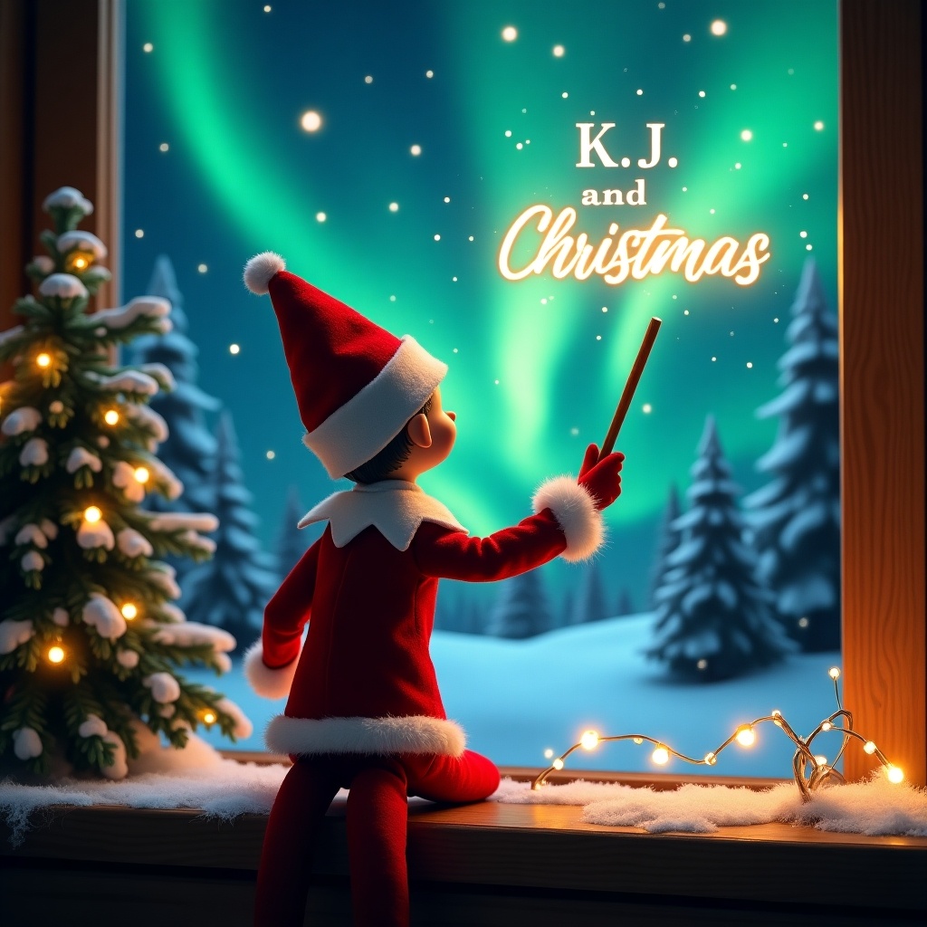 An enchanting Christmas scene featuring an elf on the shelf facing the magical northern lights. The elf is dressed in traditional red and white, holding a magic wand, and has the words 'K.J. and Christmas' in glowing script above him. The backdrop includes a snowy landscape with a decorated Christmas tree, enhancing the holiday spirit. Soft lighting creates a warm, festive atmosphere. This scene captures the joy and wonder of Christmas, appealing to the imagination of viewers.