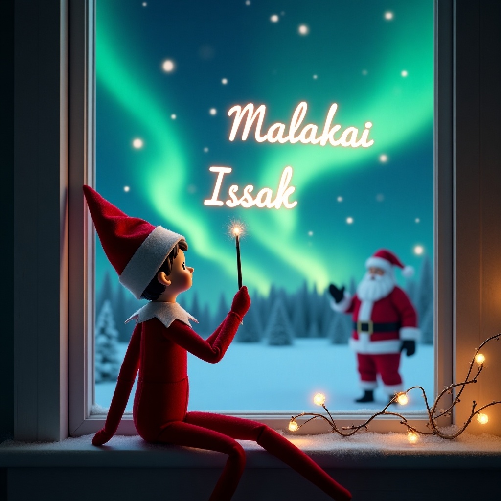 An elf on the shelf sits on a windowsill, engaging in a festive act. Dressed in a classic red and white outfit, the elf uses a sparkling wand to write 'Malakai' and 'Issak' in glowing letters in the air. Behind the elf, the mesmerizing northern lights dance across the night sky. Santa Claus can be seen in the backdrop, adding charm to the magical scene. The atmosphere is filled with joy and wonder, embodying the essence of Christmas. It's a perfect visual for a holiday theme, evoking feelings of happiness and festivity.