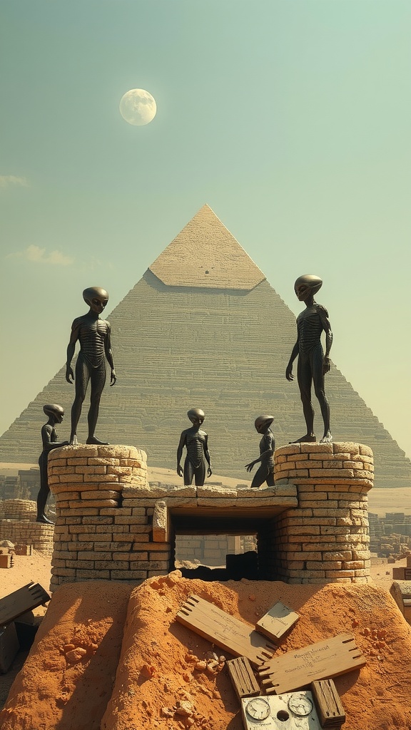 Aliens are standing before a pyramid, engaging in mysterious activities.