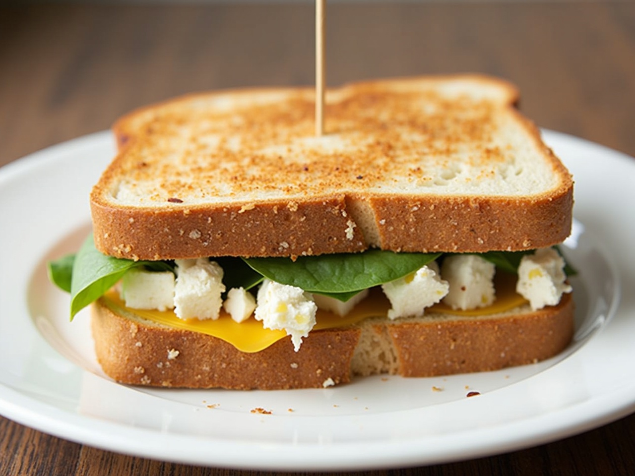 The image showcases a delicious Greek feta and cheese toast sandwich. It features golden, perfectly toasted bread with a crispy outer layer. Inside, layers of fresh spinach and creamy feta cheese are visible, creating a healthy and vibrant appearance. A toothpick holds the sandwich together, adding a touch of presentation. The warm colors of the toasted bread contrast beautifully with the green spinach and white cheese, making it visually appealing.