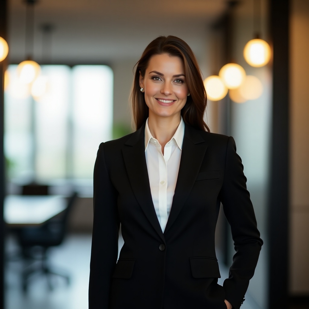 A woman stands confidently in professional attire inside a modern office. She wears a black suit and white shirt. The office has a warm atmosphere with hanging lights. Soft focus background with office elements visible.