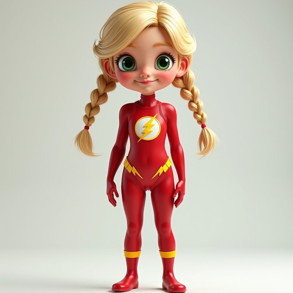 Child character inspired by Flash in a swimsuit, light-blonde hair with twin braids, green eyes, Flash-themed swimsuit, standing upright, full height, front view, photorealistic