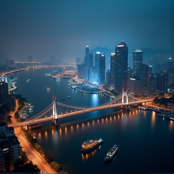 A brightly lit city is seen from above with a river and a bridge, surrounded by tall buildings at night.