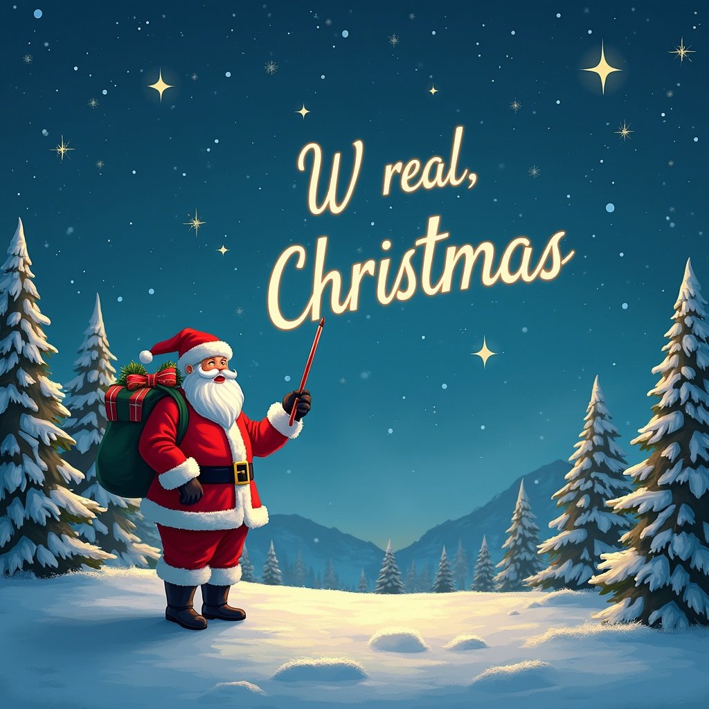 The image depicts a cheerful Santa Claus in a snowy landscape, dressed in traditional red clothing. He holds a wand and joyfully writes in the night sky, spelling out a festive message. Around him, tall evergreen trees dusted with snow create a winter wonderland. The night sky is filled with twinkling stars that twinkle warmly. This scene captures the magic and joy of the Christmas season perfectly.