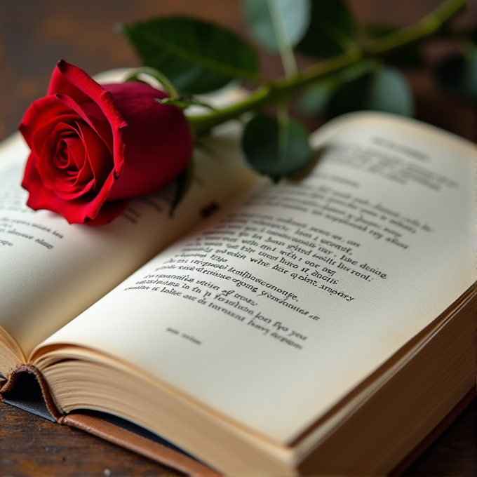 A red rose lies on an open book, creating a peaceful and romantic scene.