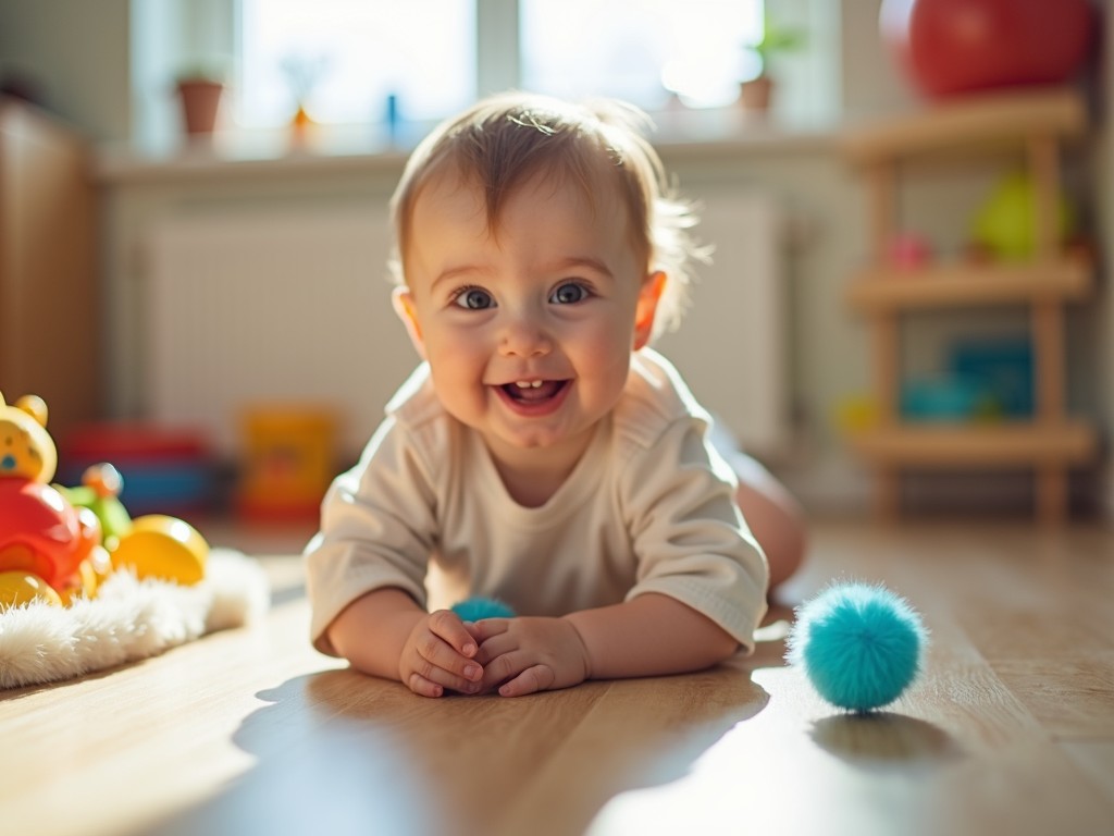 The image captures a cheerful baby crawling on the floor, surrounded by colorful toys. The child is focused on a blue fluffy toy, with sunlight streaming through a nearby window, creating a warm and inviting atmosphere. The room is softly blurred in the background, highlighting the baby's joyful expression.