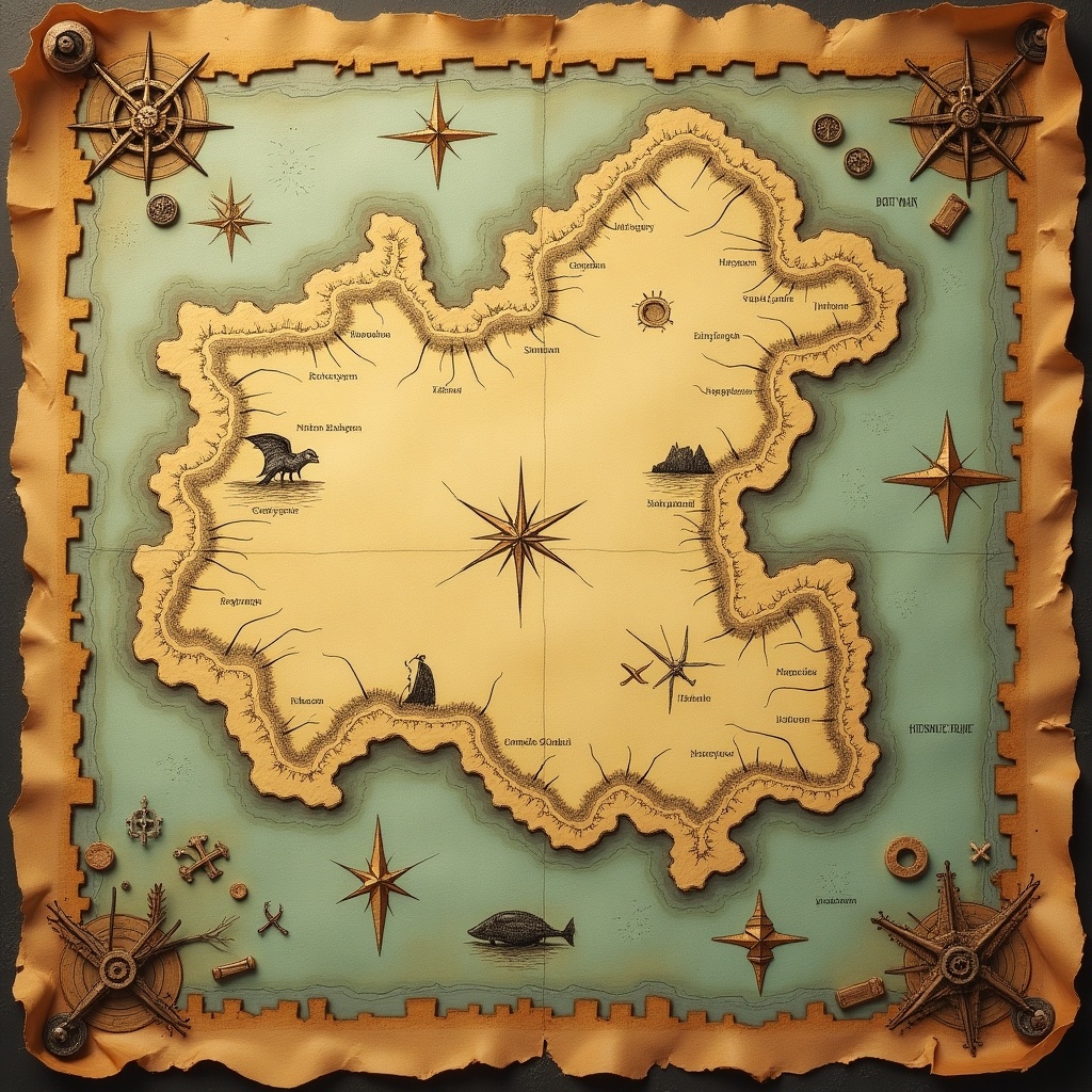 Old treasure map depicting a stylized island. Weathered texture with browns and yellows mimicking aged parchment. Tattered edges and faded ink enhance the vintage look. Illustrations of compasses and sea monsters evoke adventure. Markings indicating treasure locations with X's. Mysterious symbols scattered across the map for an enchanting feel.